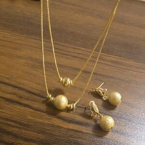 Romanian Gold Double-Layer Necklace and Drop Earrings Set